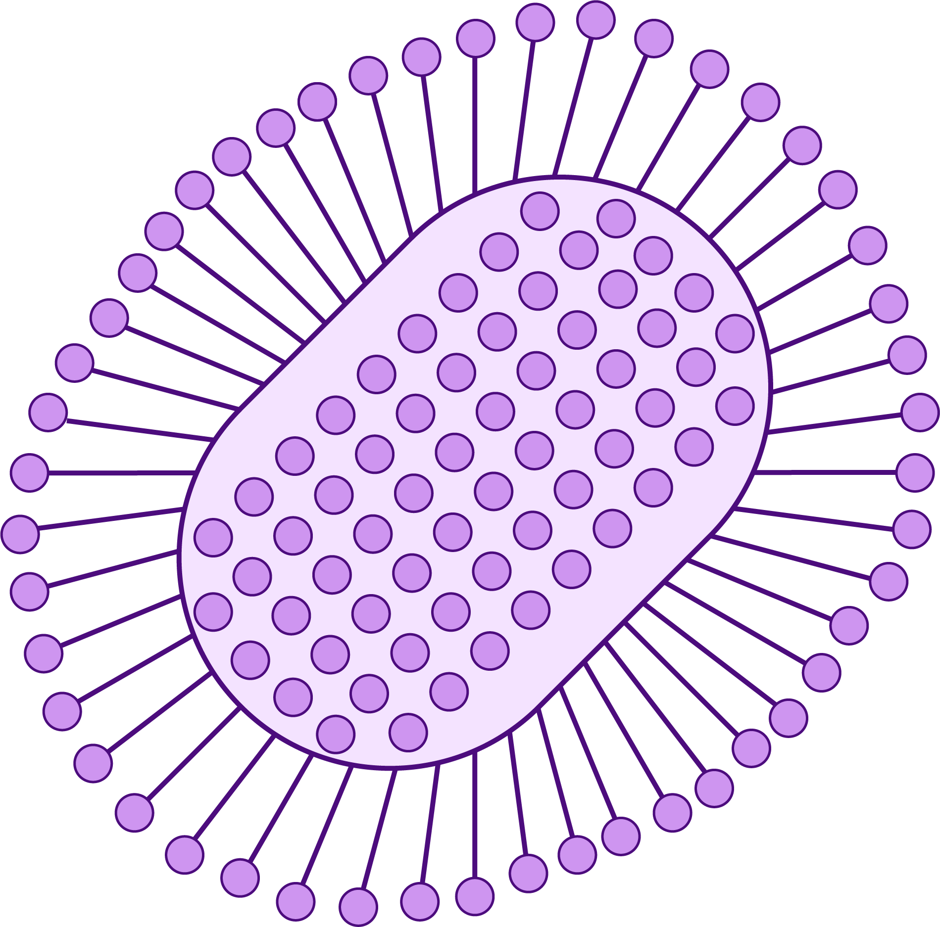 the rabies virus, a cylindrical virus with spike proteins on its exterior. The symbol has been falsely colored purple